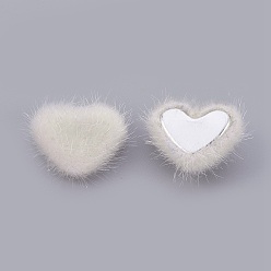 Beige Faux Mink Fur Covered Cabochons, with Alloy Bottom, Heart, Silver Color Plated, Beige, 14x17x6.5mm