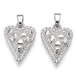 Платина Латунные микро проложить кубического циркония подвески, без кадмия и без свинца, сердце прелести, платина, 18x13x3 мм, отверстие : 5x2.5 мм