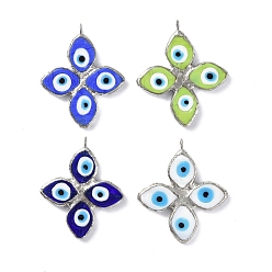 Mixed Color Handmade Lampwork Big Pendants, with Eco-friendly Platinum Tone Tin Findings, Cadmium Free & Lead Free, 4-Petal Flower with Evil Eye Charm, Mixed Color, 52x45x5mm, Hole: 4.5mm