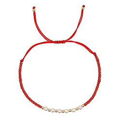 Rouge Bracelets tressés ajustables en perles d'imitation et perles de verre pour femmes, rouge, 11.02 pouce (28 cm)