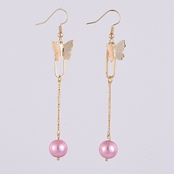 Pearl Pink Dangle Earrings, with Glass Pearl Round Beads, Iron Bar Links, Brass Pendant and Earring Hooks, Butterfly & Oval, Pearl Pink, 81mm, Pin: 0.7mm