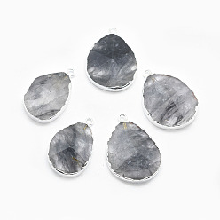 Кварц Природного кварца подвески, с латунной фурнитурой , граненые, слеза, серебряный цвет гальваническим, 31~35x20~25x7~9 мм, отверстие : 2.5 мм