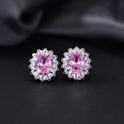 Orchid Brass Micro Pave Cubic Zirconia Stud Earrings for Women, Oval, Platinum, Orchid, 18x16.1mm