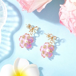 Бледно-Розовый Серьги-гвоздики с подвесками из стеклянных бусин ручной работы в виде цветка, с фурнитурой для сережек-гвоздиков из латуни и акрила, золотые, розовый жемчуг, 30x18.5 мм