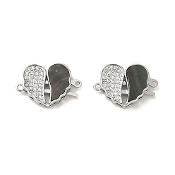 Paua Shell Brass Micro Pave Clear Cubic Zirconia Connector Charms, with Paua Shell, Heart Shaped Wing Links, Real Platinum Plated, 12x17.5x3.5mm, Hole: 1mm