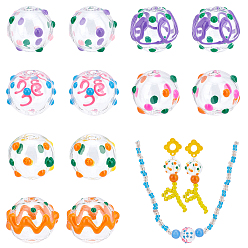 Mixed Color 12Pcs 6 Style Transparent Glass Enamel Beads, Hand Drawn Beads, Round, Mixed Color, 14x13~14mm, Hole: 2mm, 2pcs/style