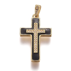 Golden Brass Micro Pave Clear Cubic Zirconia Pendants, with Enamel, Cross, Black, Golden, 28x16.5x4.5mm, Hole: 5.5x2.5mm