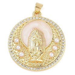 Плоский Круглый Покрытие стойки латунь микропаве прозрачные подвески из кубического циркония, с бусинами из эмали и абс пластика, долговечный, без кадмия и без свинца, реальный 18 k позолоченный, очарование девы марии, плоско-круглые, 32x28.5x4.5 мм, отверстие : 3.5x3 мм