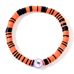 Лиловый Браслеты из полимерной глины хейши на Хэллоуин, пластиковые украшения для женщин, плоские круглые с пауком, сирень, 6.89 дюйм (17.5 см)