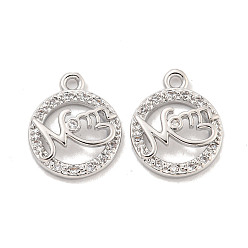 Платина Подвески из латуни с микро паве ко Дню матери, прозрачные подвески с кубическим цирконием, без кадмия, без никеля и без свинца, вокруг слова мамы, платина, 19.5x11.5x2 мм, отверстие : 1.2 мм