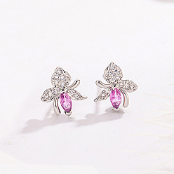 Platinum Brass Micro Pave Cubic Zirconia Stud Earrings for Women, Flower, Platinum, 8.8x8mm