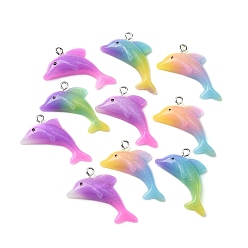 (52) Непрозрачная лаванда Непрозрачные подвески смолы, дельфин, с платиновой железной петлей и блестками, разноцветные, 26x33x6.5 мм, отверстие : 2 мм