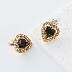 Corazón 304 Pendientes de acero inoxidable con diamantes de imitación para mujer., con vidrio, dorado, corazón, 23x16 mm