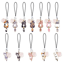 Mixed Color Cat & Paw Print Alloy Enamel Mobile Straps, Polyester Cord Mobile Accessories Decoration, 85~97mm, 12pcs/set