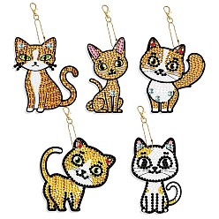 Cat Shape Bricolage bricolage 5 kit de porte-clés de peinture au diamant pcs, y compris le panneau acrylique, fermoir porte-clés, chaîne de perles, sac de strass en résine, stylo collant diamant, plaque de plateau et pâte à modeler, Motif de chat