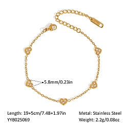 Сердце 304 Браслеты-цепочки из нержавеющей стали с микропаве из прозрачных кубических цирконий для женщин, реальный 18 k позолоченный, сердце, 6-1/4 дюйм (16 см)