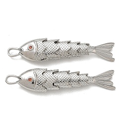 Platinum Brass Micro Pave Orange Red Cubic Zirconia Pendants, Fish Charms, Rack Plating, Long-Lasting Plated, Lead Free & Cadmium Free, Platinum, 46x10x6mm, Hole: 2.5x4.5mm