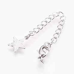 Platinum Brass Chain Extender, with Lobster Claw Clasps, Cadmium Free & Nickel Free & Lead Free, Long-Lasting Plated, Star, Platinum, 72x3mm, Hole: 2.5mm, Clasps: 10x6x3mm
