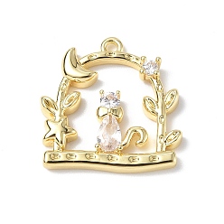 Настоящее золото 18K Латунные микро проложить кубического циркония подвески, кошка с подвеской в виде цветка на окне, реальный 18 k позолоченный, 18x17.5x2.6 мм, отверстие : 1.2 мм