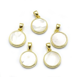 Beige Shell Pendants, with Golden Tone Brass Findings, Flat Round, Beige, 14x11.5x2.5mm, Hole: 3x3.5mm