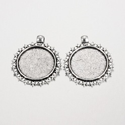 Antique Silver Star Pattern Flat Round Tibetan Style Alloy Pendant Cabochon Settings, Cadmium Free & Lead Free, Antique Silver, Tray: 25mm, 40x35x2mm, Hole: 4mm, about 185pcs/1000g
