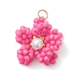 Ярко-Розовый Стеклянные подвески из бисера, цветочный шарм, с жемчужинами из стекла и 304 нержавеющей сталью, реальный 18 k позолоченный, ярко-розовый, 15.5~17x15~16.5x10~11 мм, Перейти кольцо: 4x0.5 мм, внутренний диаметр: 3 мм