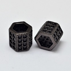 Gunmetal Hexagonal Prism Brass Micro Pave AAA Cubic Zirconia European Beads, Large Hole Beads, Cadmium Free & Nickel Free & Lead Free, Gunmetal, 8x8mm, Hole: 5mm