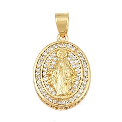 Claro Micro latón allanan colgantes cúbicos del zirconia, óvalo con dijes de virgen maría, sin plomo y cadmio, chapado en rack, larga duración plateado, real 18 k chapado en oro, Claro, 21.5x16x4 mm, agujero: 4x6 mm