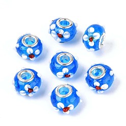 Озёрно--синий Бусины лэмпворк европейского стиля , ухабистая лампа, с платиновой латуни двойной ядер, бусины с большим отверстием, RONDELLE с цветком, Плут синий, 16x14x10.5 мм, отверстие : 5 мм