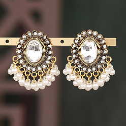 Кристалл Овальные серьги-люстры из сплава со стразами, с пластиковой жемчужины, золотые, кристалл, 35x30 мм