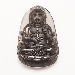 Obsidian Carved Natural Obsidian Big Pendants, Buddha, 58x36x10mm, Hole: 1.5mm