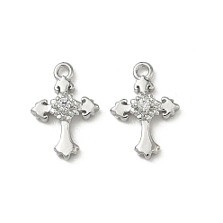 Платинированный Латунные микропаве прозрачные подвески с фианитом, долговечный, крест очарование, Реальная платина, 12.5x8.5x3 мм, отверстие : 1.2 мм