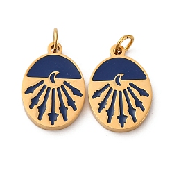 Полуночно-синий 304 подвеска из эмали из нержавеющей стали, овал с подвеской в виде солнца и луны, с целью перехода в кольце, ионное покрытие (ip), реальный 18 k позолоченный, темно-синий, 14x9.5x1.5 мм, отверстие : 2.5 мм