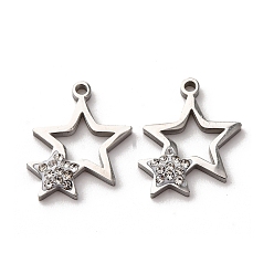 Нержавеющая Сталь Цвет 304 подвески из нержавеющей стали и глиняных страз, звезда, цвет нержавеющей стали, 19x15x2.5 мм, отверстие : 1.6 мм