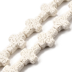 (404) Непрозрачное AB Кислое яблоко Бусы из натуральной лавы, крестик, окрашенные, цветочный белый, 18x13x6 мм, отверстие : 1.5 мм, около 23 шт / нитка, 16.14'' (41 см)