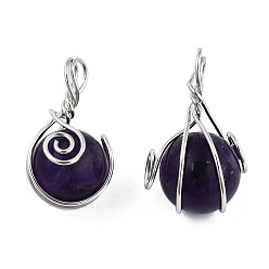 Amethyst Natural Amethyst Pendants, with Platinum Plated Brass Wire Wrapped, Round Charm, 28.5~34x18.5~20x17~19mm, Hole: 4~5.5mm