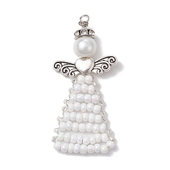 Белый Подвески из бисера, с антикварной серебряной фурнитурой из латуни, угол, белые, 49x23.5x8.5 мм, отверстие : 2 мм