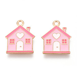 Pink Подвески из эмали и сплава, очарование дома, золотой свет, розовые, 19.6x15.6x1.2 мм, отверстие : 1.8 мм