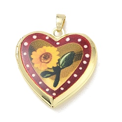 Dark Red Printed Brass Locket Pendants, Heart with Flower Charms, Dark Red, 25x22.5x5.5mm, Hole: 4x2.5mm
