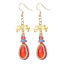 Red Alloy Glass Earrings, Handmade Glass Seed Dangle Earrings, Teardrop, Red, 65.5x19.5mm