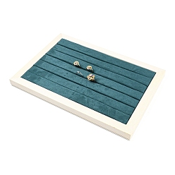 Teal 6 Slots Microfiber Cloth Ring Display Stands, Ring Organizer Holder with White Pine Wood Base, Rectangle, Teal, 24.3x34.8x2.45cm