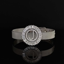 Letter J Латунные браслеты с микропаве из прозрачных кубических цирконий для женщин, плоские круглые с буквы, реальный 18 k позолоченный, буква J, 8-1/4 дюйм (21 см)