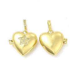 Light Gold Brass Micro Pave Clear Cubic Zirconia Locket Pendants, Heart with Star Charms, Cadmium Free & Lead Free, Light Gold, 20x21x7.5mm, Hole: 5.5x3mm