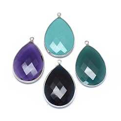 Mixed Color Glass Pendants, with Brass Findings, teardrop, Platinum, Mixed Color, 40x26x6.5mm, Hole: 1.8mm