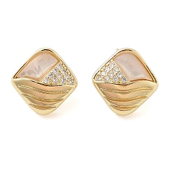 Настоящее золото 18K Женские серьги-гвоздики из латуни с микропаве и прозрачным кубическим цирконием, с оболочкой, ромб, реальный 18 k позолоченный, 18x18 мм