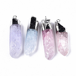 Quartz Crystal Electroplate Natural Quartz Crystal Pendants, with Platinum Iron Loops, Dyed, Hexagonal Prism , 44~50x12~13x10~11mm, Hole: 2.5mm