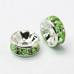 Peridot Brass Grade A Rhinestone Spacer Beads, Silver Color Plated, Nickel Free, Peridot, 4x2mm, Hole: 0.8mm