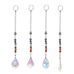 Mixed Stone Chakra Gemstone Beaded Dowsing Pendulum, Hamsa Hand with Evil Eye Lampwork & Glass Charms, 270~285mm