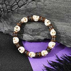 Белый Браслеты из натуральных кокосовых и синтетических бирюзовых бусин и немагнитного синтетического гематита для женщин, череп, белые, 1/4~3/8 дюйм (0.8~1 см), внутренний диаметр: 2-1/8 дюйм (5.25 см)