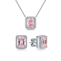 Pink 925 Комплект из прямоугольных сережек-гвоздиков и подвески из стерлингового серебра с кубическим цирконием для женщин, розовые, 400 мм